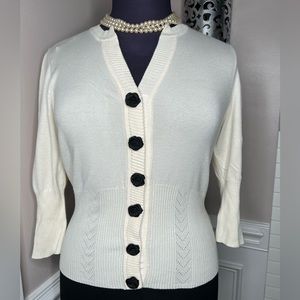New Directions Petite Ivory Cardigan with black rose buttons size PXL